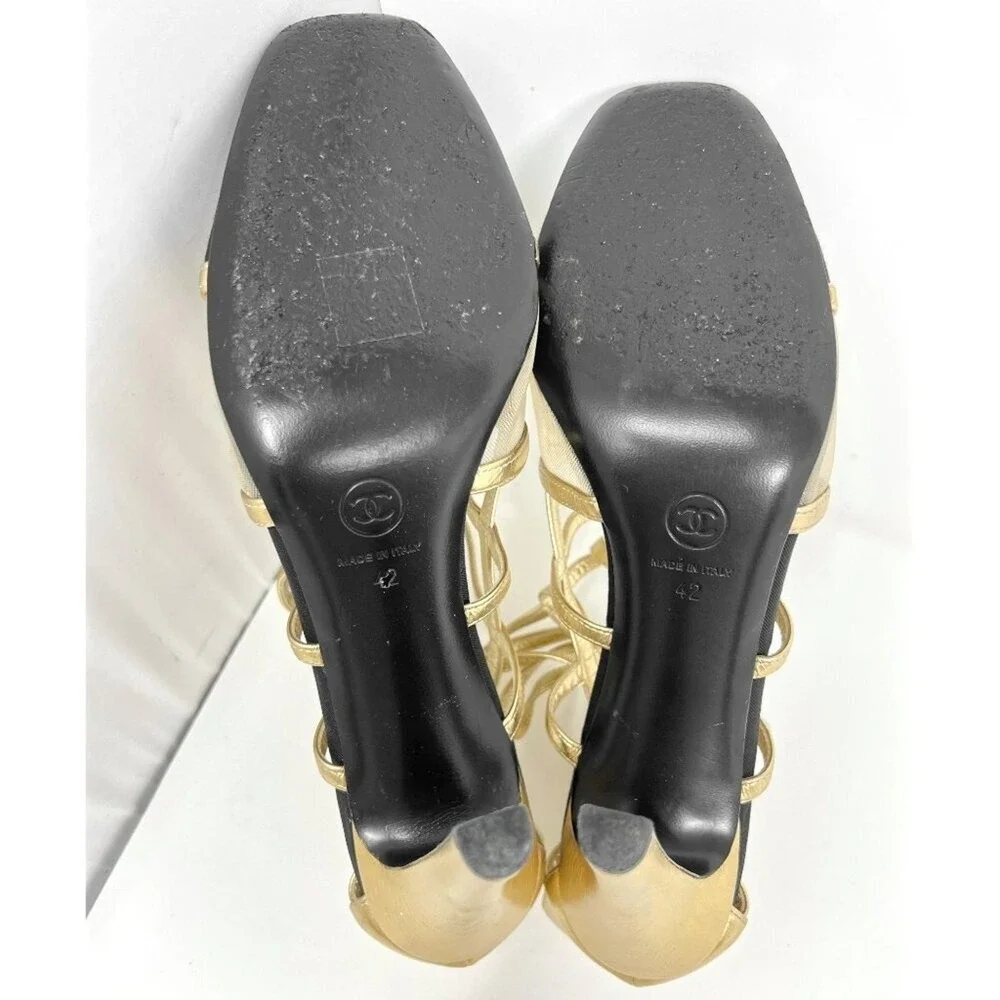 Chanel Black Gold Strappy‎ Heels CC Cap Toe Sandals Pumps Size 42